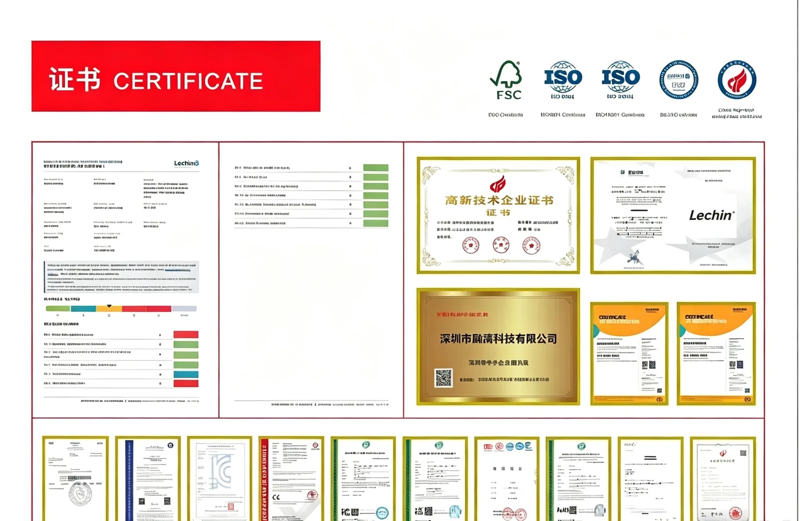 Lechin Tech certificates: ISO, CE, high-tech enterprise and trademark documents